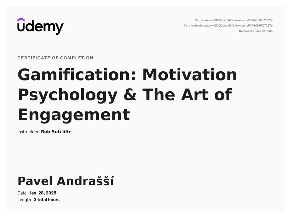 Certifikát o absolvování kurzu Gamification