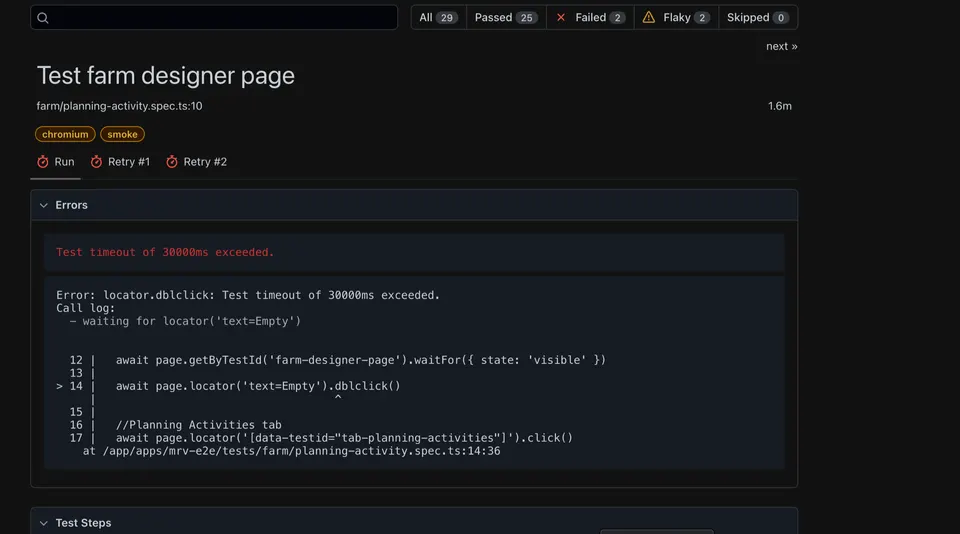 Detail neúspěšného testu v HTML reportu