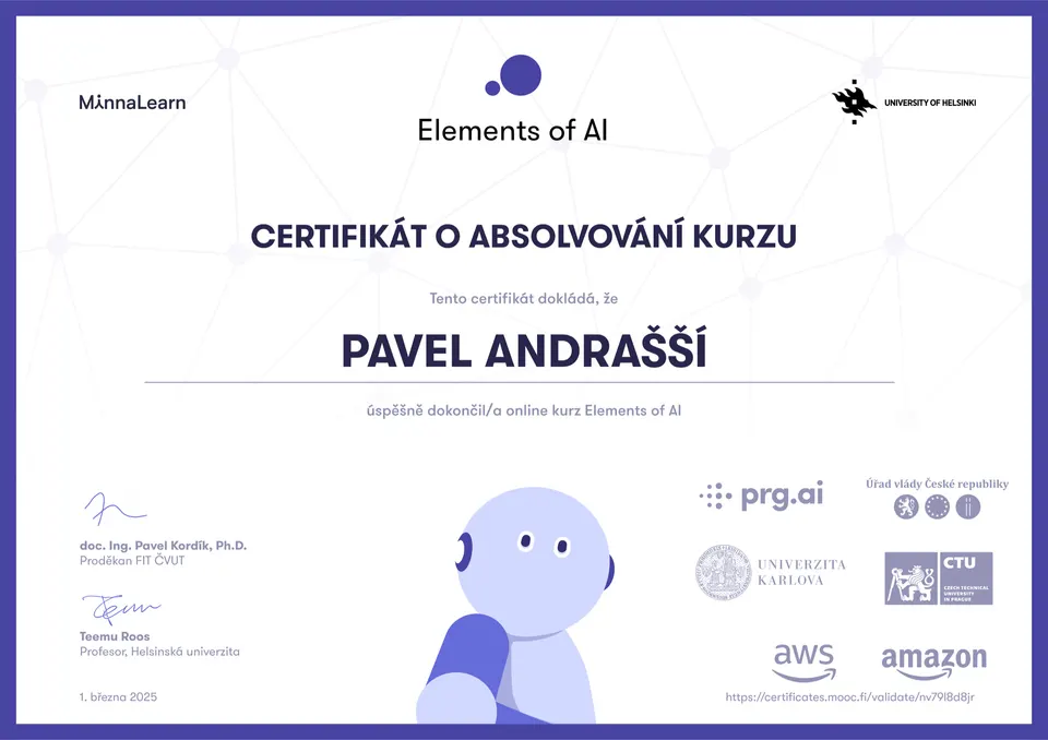 Certifikát z kurzu Elements of AI