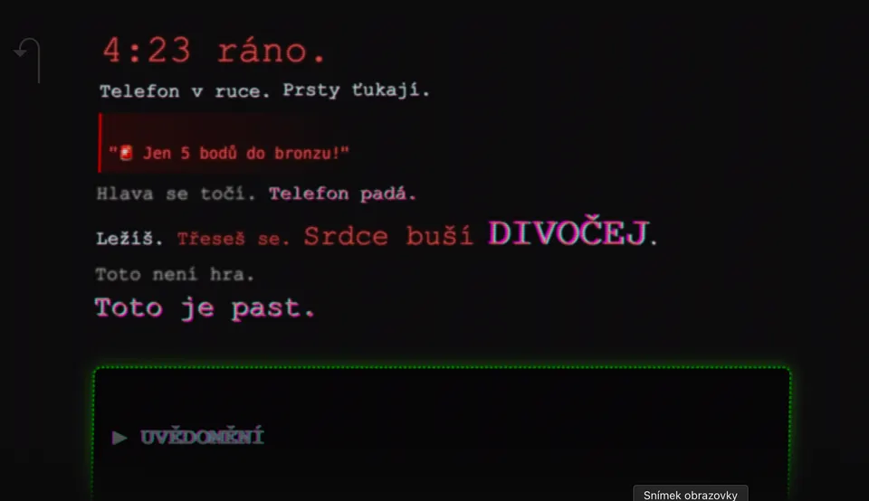 Obrazovka z fáze kolapsu s glitch efekty