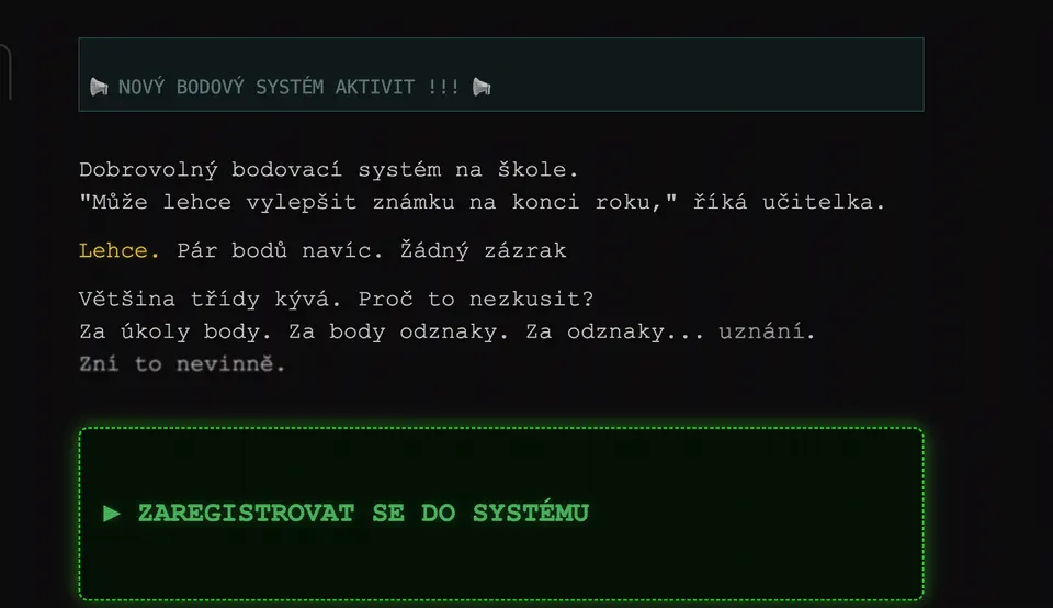 Obrazovka z fáze nadšení — čistý design úvodu zážitku