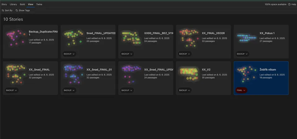 Seznam všech verzí projektu v nástroji Twine