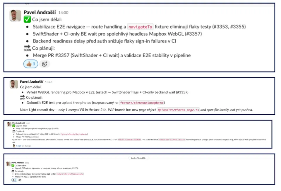 Ukázky vygenerovaných denních status reportů ve formátu pro Slack
